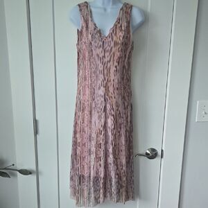 T Tahari Pink and Tan Animal Print Sleeveless Midi Dress V-Neck